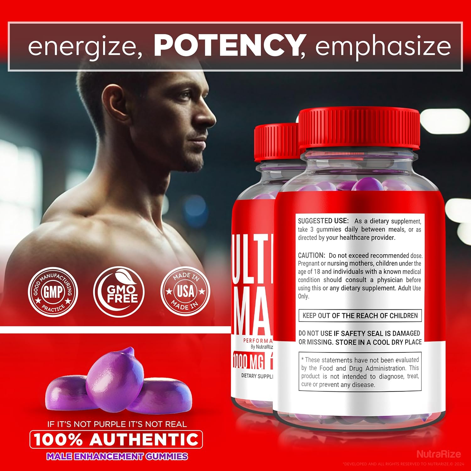 NutraRize UltraMale Vitamin Gummies 1000 MG - Natural Daily Performance Boost - Official Reviews - 60 Gummies