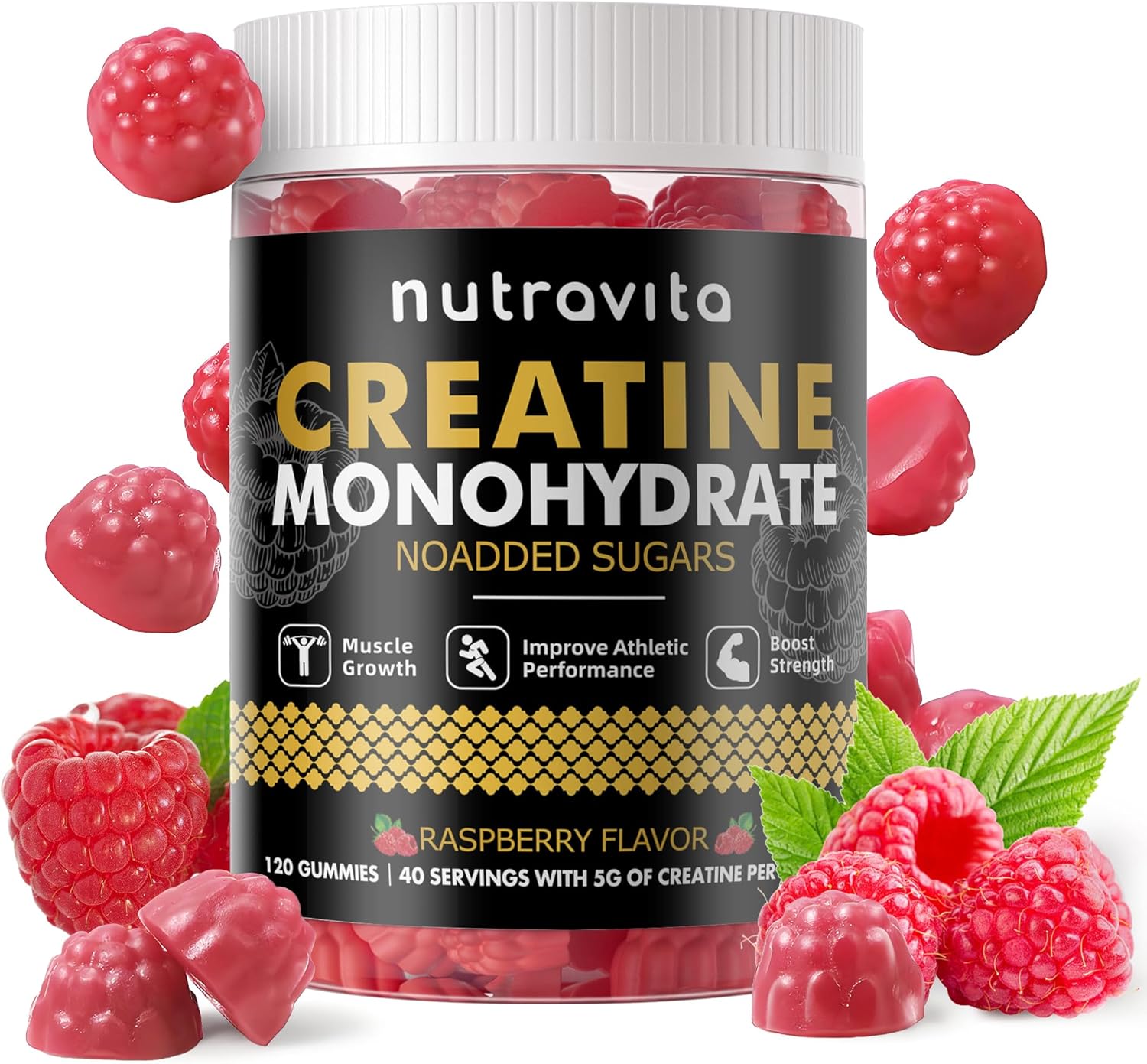 Nutravita Creatine Monohydrate Gummies - 5g per Serving - Sugar Free, Vegan, Raspberry Flavor - 120 Gummies for Men & Women