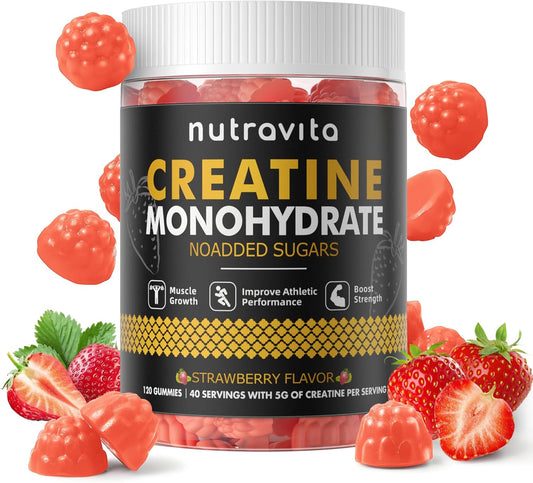 Nutravita Creatine Monohydrate Gummies - 5g per Serving, Vegan, Strawberry Flavor - 120 Count for Men & Women