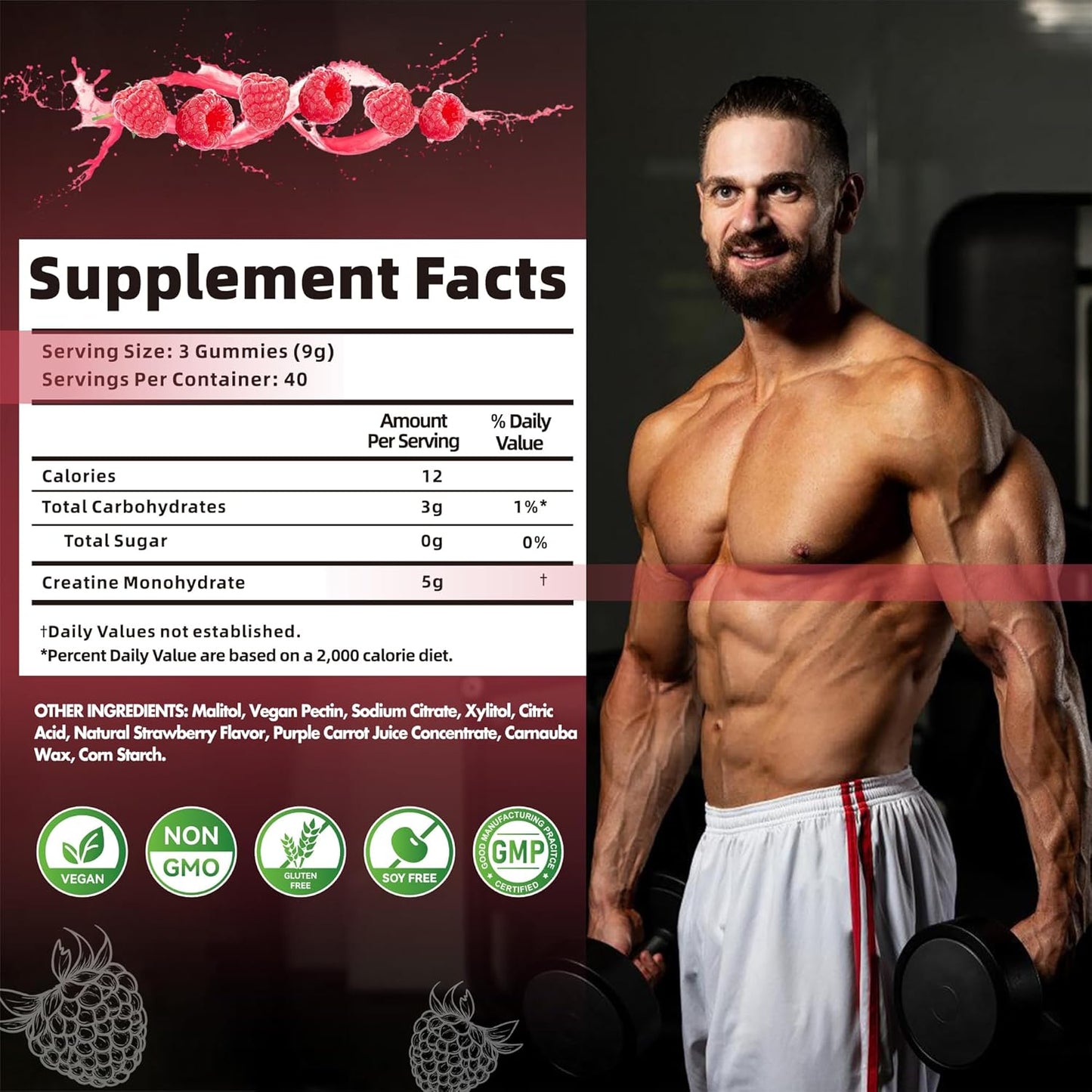 Nutravita Creatine Monohydrate Gummies - 5g per Serving - Sugar Free, Vegan, Raspberry Flavor - 120 Gummies for Men & Women