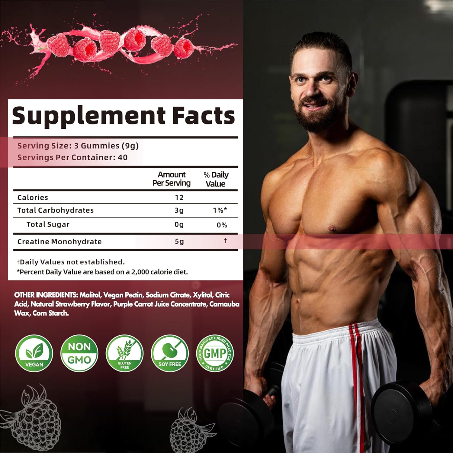 Nutravita Creatine Monohydrate Gummies - 5g per Serving - Sugar Free, Vegan, Raspberry Flavor - 120 Gummies for Men & Women