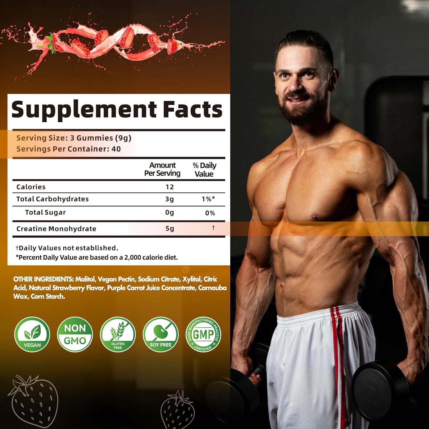 Nutravita Creatine Monohydrate Gummies - 5g per Serving, Vegan, Strawberry Flavor - 120 Count for Men & Women