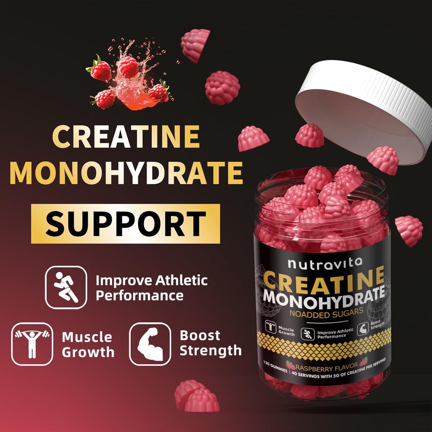 Nutravita Creatine Monohydrate Gummies - 5g per Serving - Sugar Free, Vegan, Raspberry Flavor - 120 Gummies for Men & Women