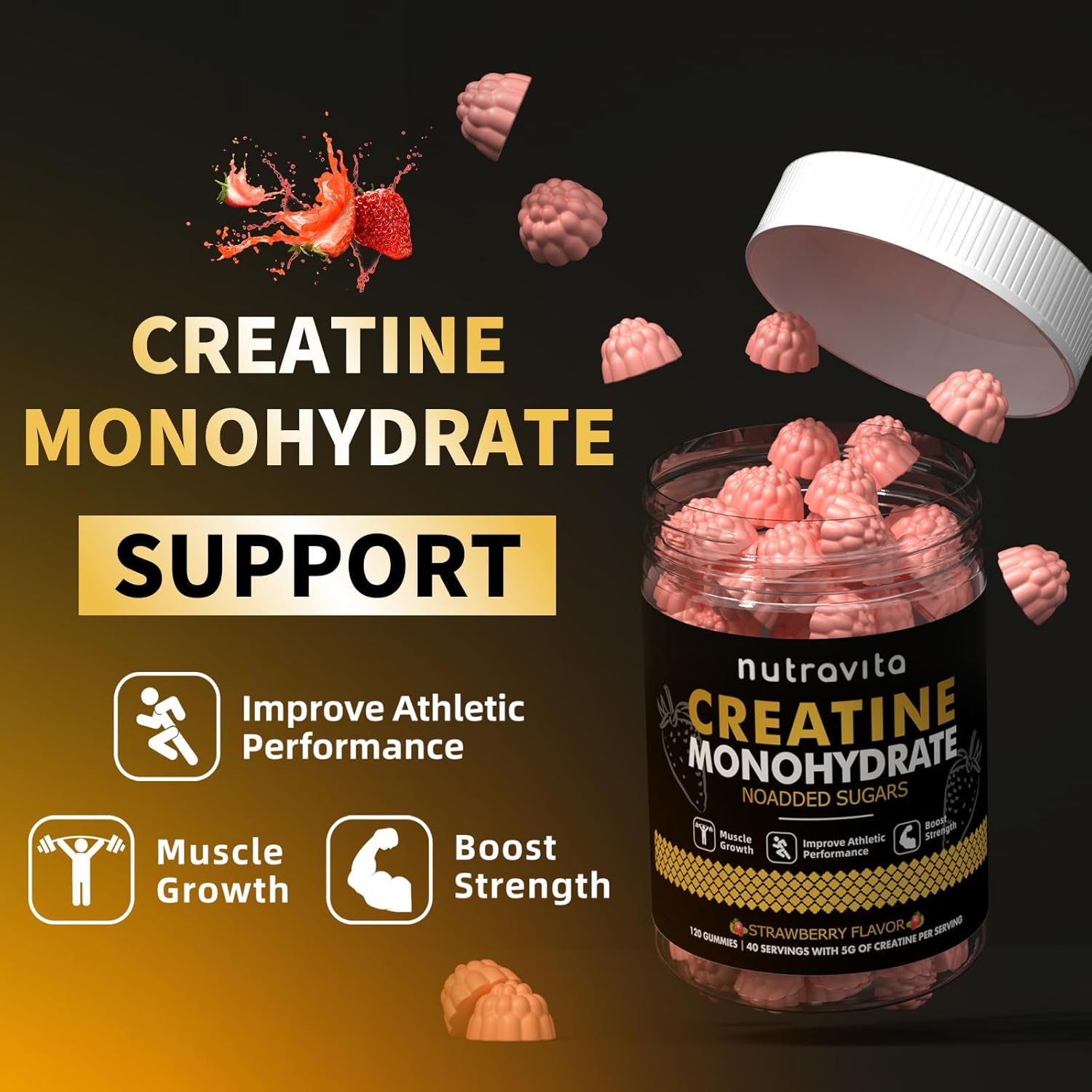 Nutravita Creatine Monohydrate Gummies - 5g per Serving, Vegan, Strawberry Flavor - 120 Count for Men & Women