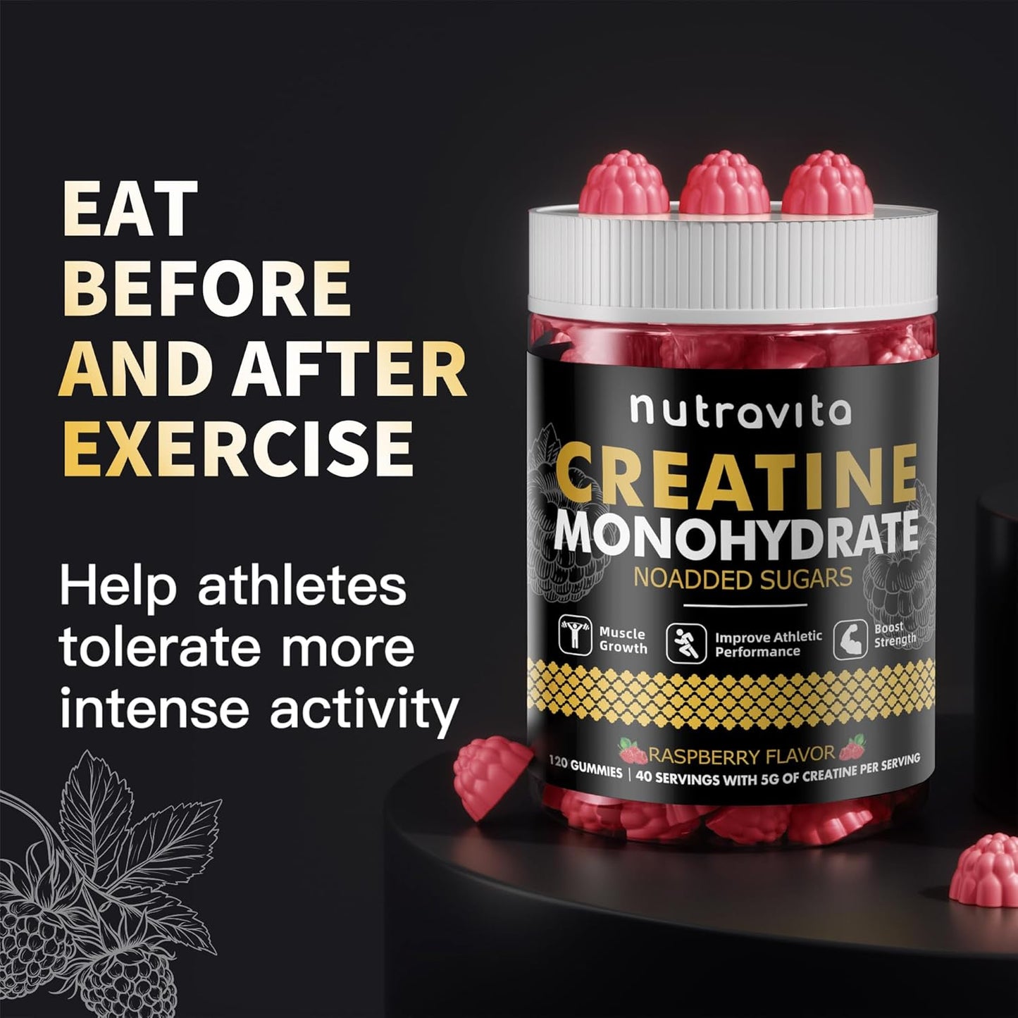 Nutravita Creatine Monohydrate Gummies - 5g per Serving - Sugar Free, Vegan, Raspberry Flavor - 120 Gummies for Men & Women