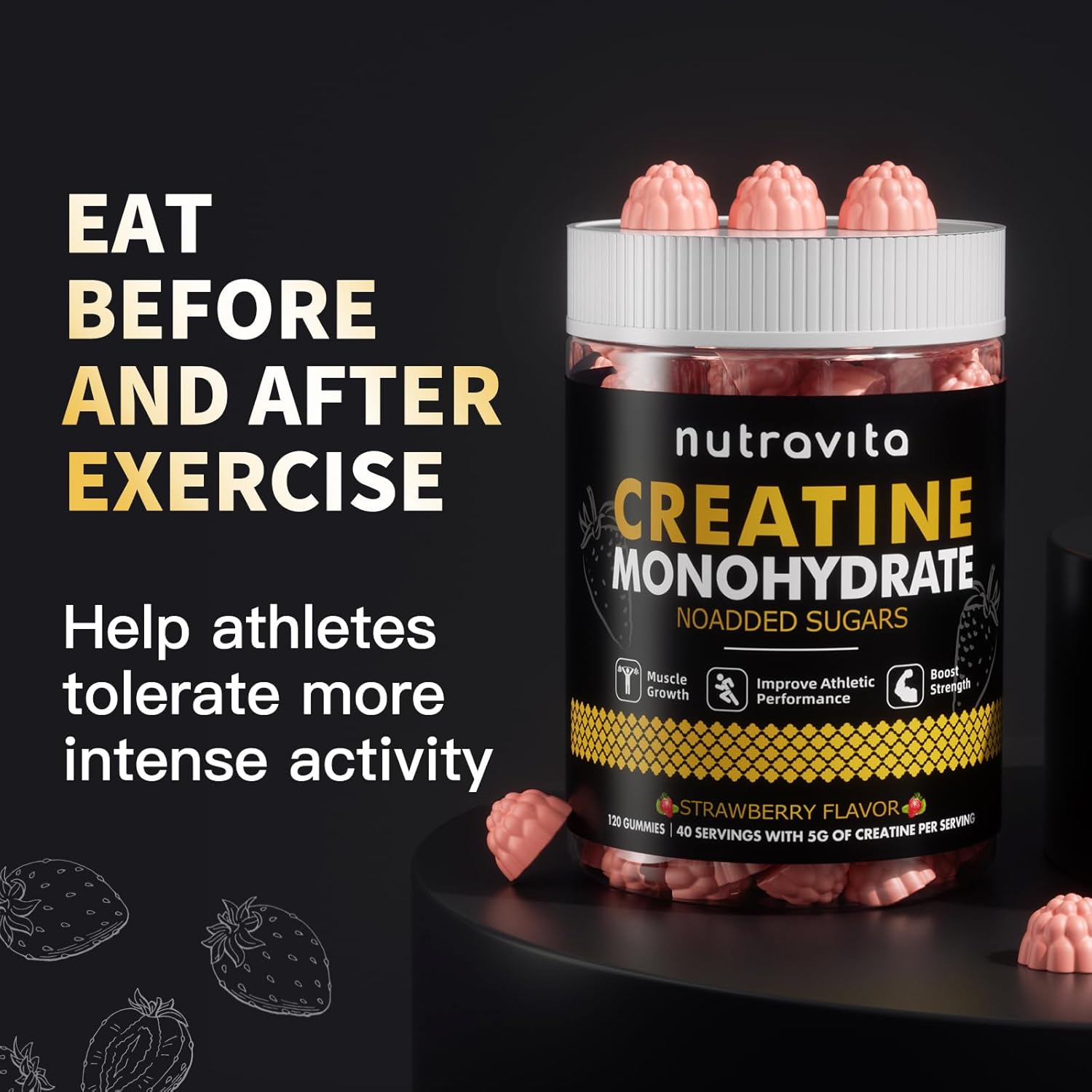 Nutravita Creatine Monohydrate Gummies - 5g per Serving, Vegan, Strawberry Flavor - 120 Count for Men & Women