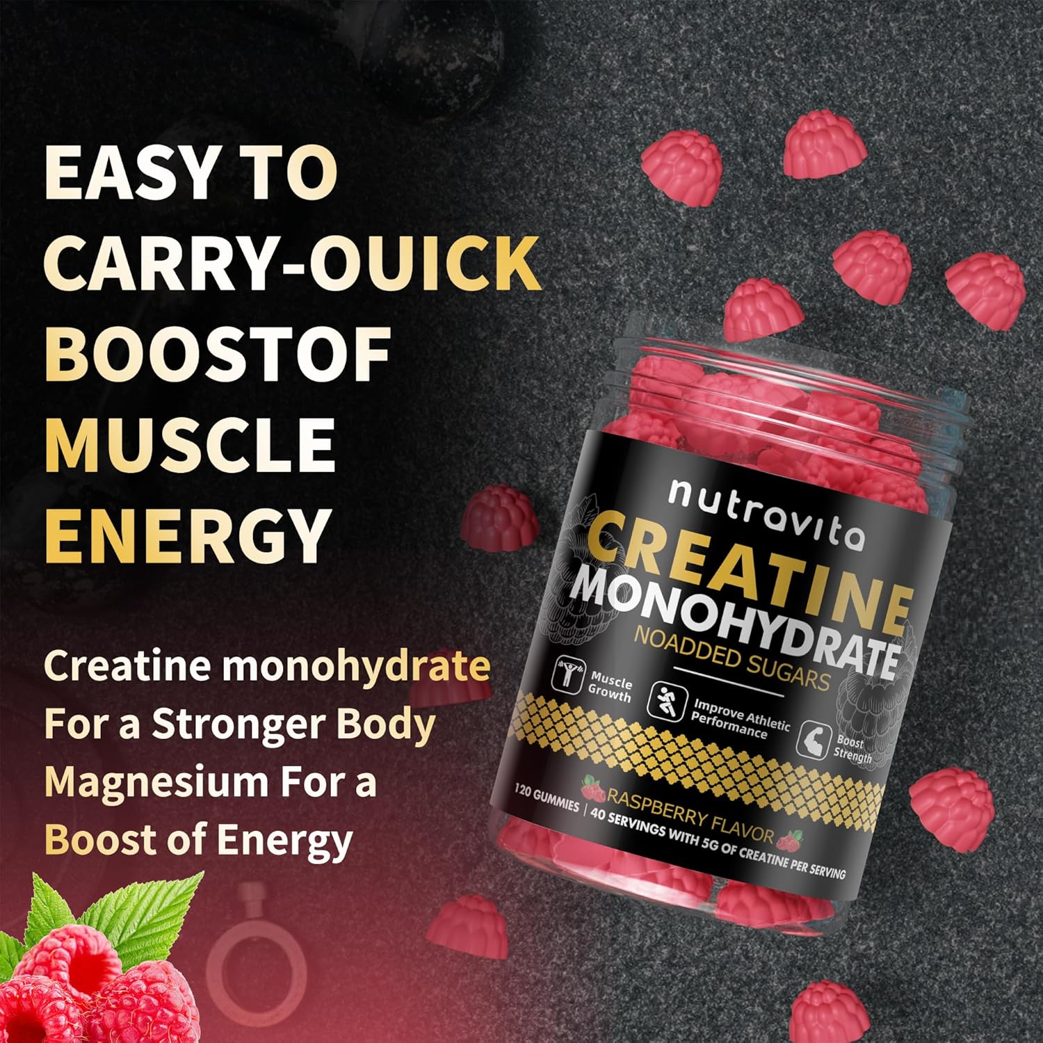 Nutravita Creatine Monohydrate Gummies - 5g per Serving - Sugar Free, Vegan, Raspberry Flavor - 120 Gummies for Men & Women