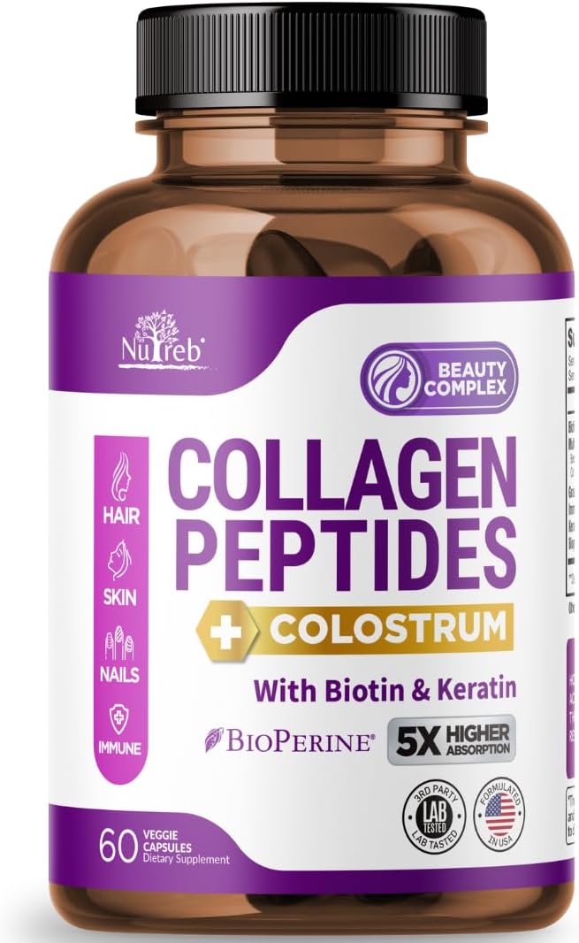 Nutreb Collagen Peptides with Colostrum, Biotin, and Keratin for Women - High Absorption - Hair, Skin, and Nails Vitamins - 60 Capsules