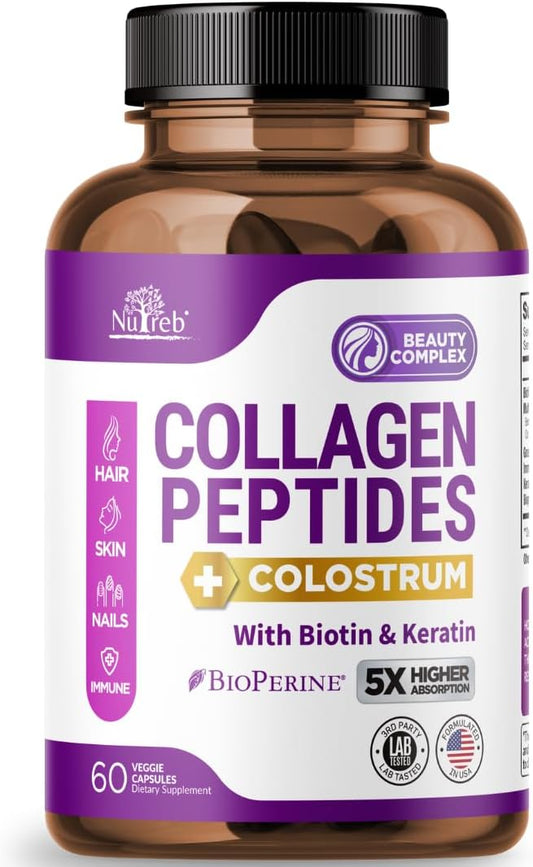 Nutreb Collagen Peptides with Colostrum, Biotin, and Keratin for Women - High Absorption - Hair, Skin, and Nails Vitamins - 60 Capsules