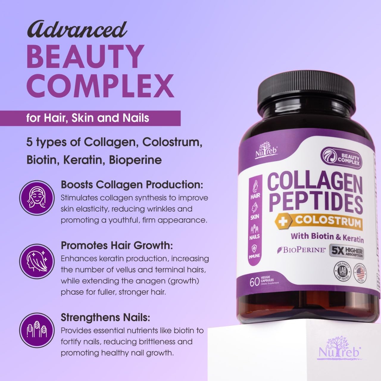 Nutreb Collagen Peptides with Colostrum, Biotin, and Keratin for Women - High Absorption - Hair, Skin, and Nails Vitamins - 60 Capsules