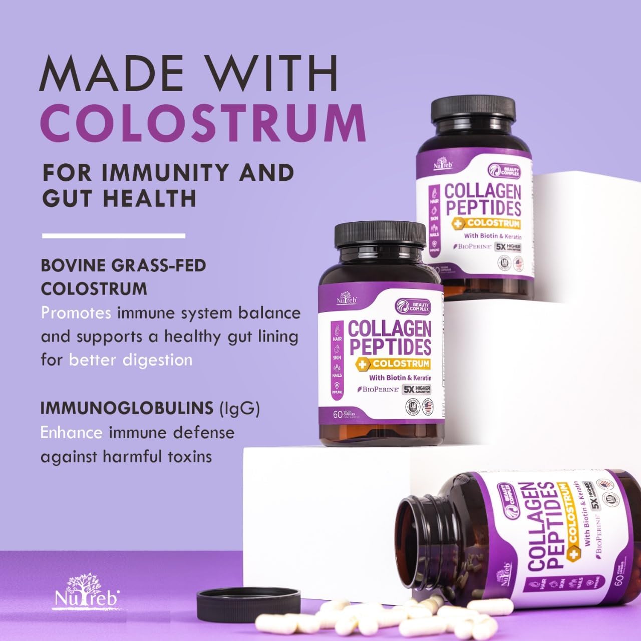Nutreb Collagen Peptides with Colostrum, Biotin, and Keratin for Women - High Absorption - Hair, Skin, and Nails Vitamins - 60 Capsules