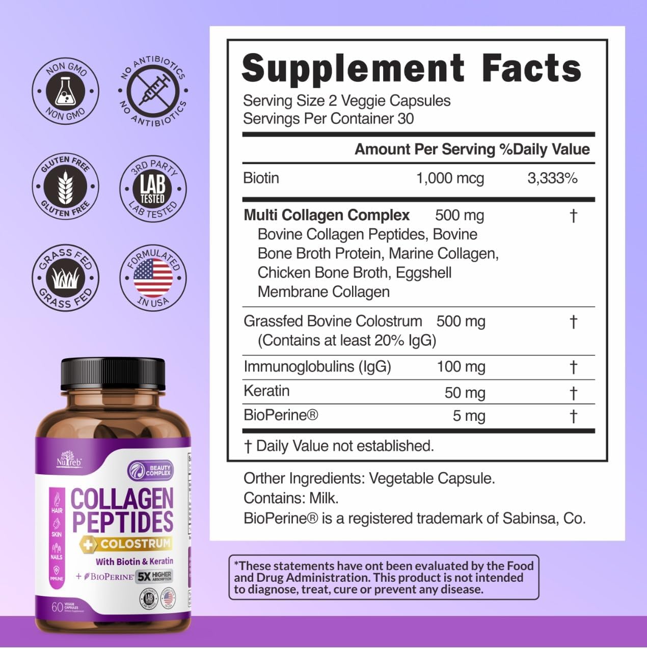 Nutreb Collagen Peptides with Colostrum, Biotin, and Keratin for Women - High Absorption - Hair, Skin, and Nails Vitamins - 60 Capsules