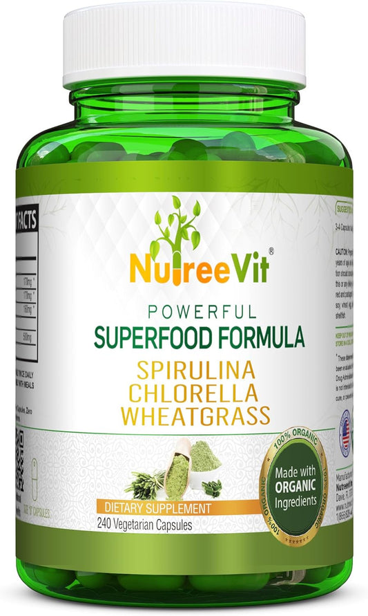 NutreeVit Organic Spirulina, Chlorella, Wheatgrass Superfood Capsules - 100% Pure Veggie Blend - 500mg