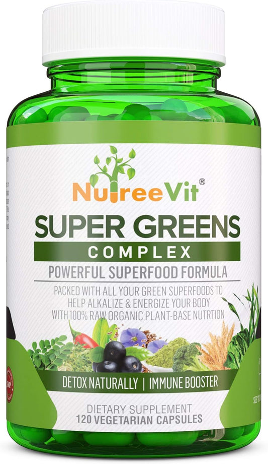 NutreeVit SuperGreens: Spirulina, Chlorella, Wheatgrass & More - Nutrient-Rich Green Blend