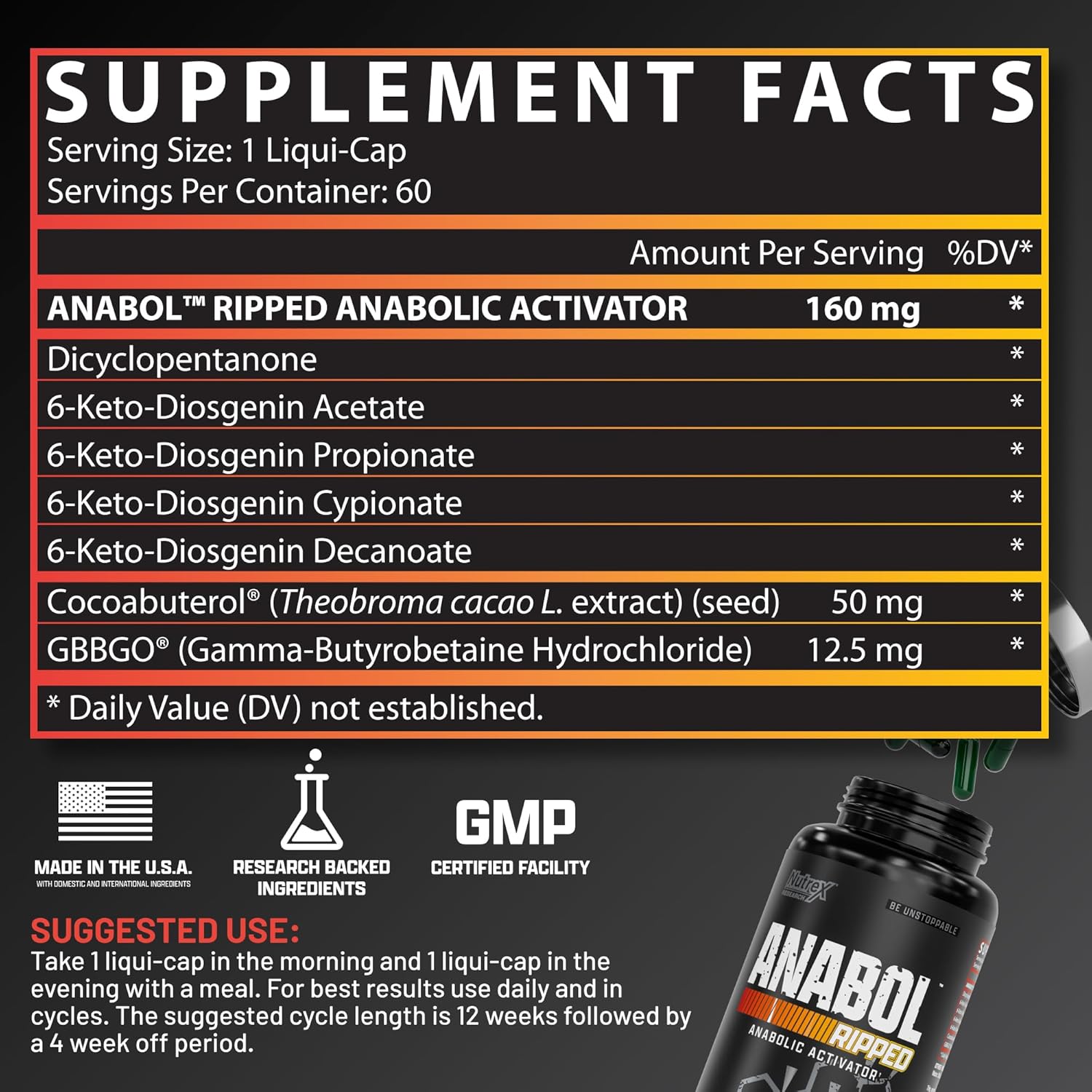 Nutrex Research Anabol Ripped - 2-in-1 Anabolic Muscle Builder & Shredding Supplement for Men (60 Count)