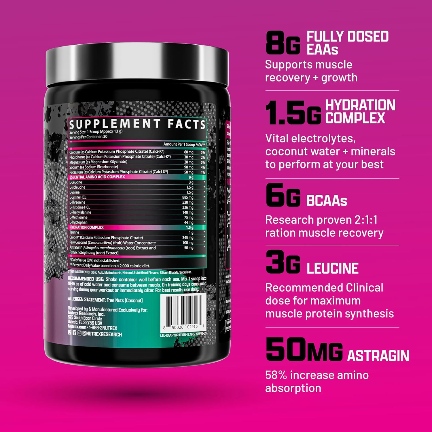 Nutrex Research EAA Hydration: Essential Amino Acids + Electrolytes for Muscle Recovery, Strength, and Endurance - Strawberry Watermelon Flavor - 30 Servings