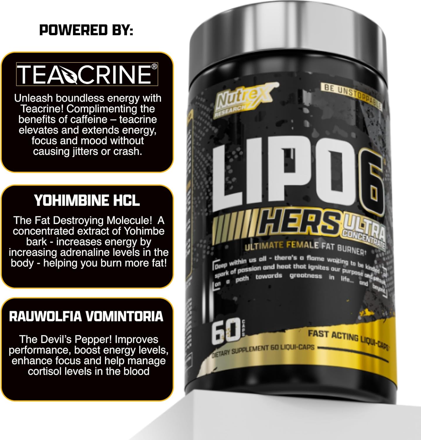 Nutrex Research Lipo-6 Black Hers Ultra Concentrate - Weight Loss Pills for Women with Hair, Skin, & Nails Support (60 Pills)