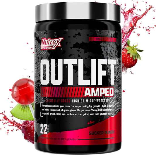 Nutrex Research OUTLIFT Amped High-Stim Pre Workout Powder - Extreme Energy, Massive Pumps, Strength, Electrolytes - Fruit Punch Flavor (22 Servings)