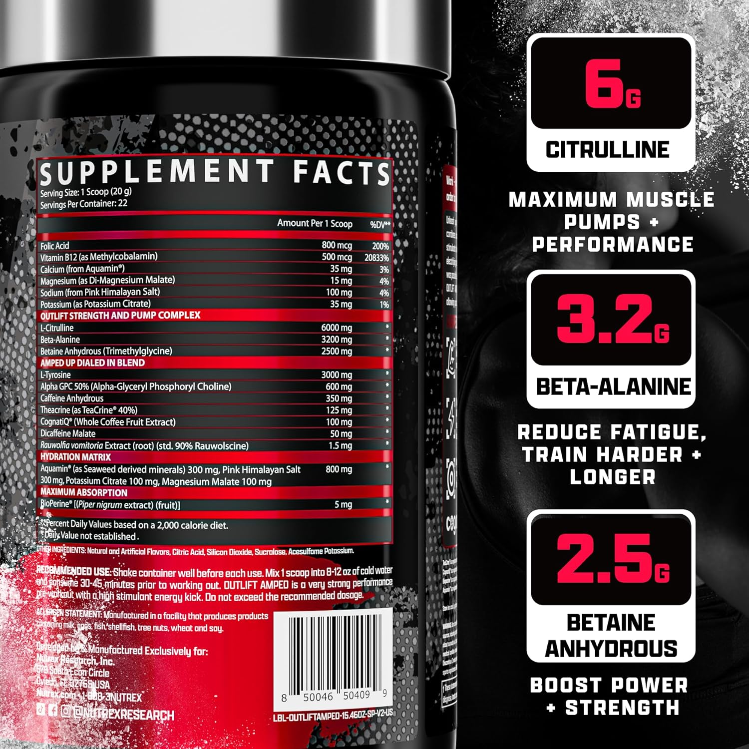 Nutrex Research OUTLIFT Amped High-Stim Pre Workout Powder - Extreme Energy, Massive Pumps, Strength, Electrolytes - Fruit Punch Flavor (22 Servings)