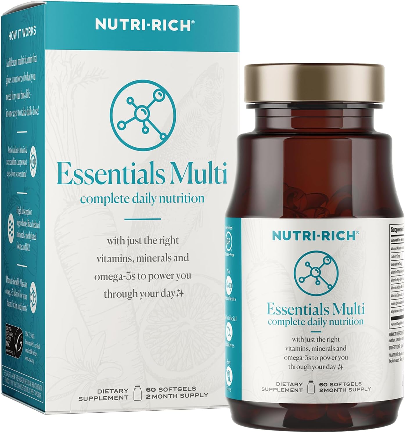 Nutri-Rich Essentials Multi Softgel - Adult Multivitamin with Iron, Lutein, K2, D3, Minerals, Omega-3, Energy Support - 60 Count