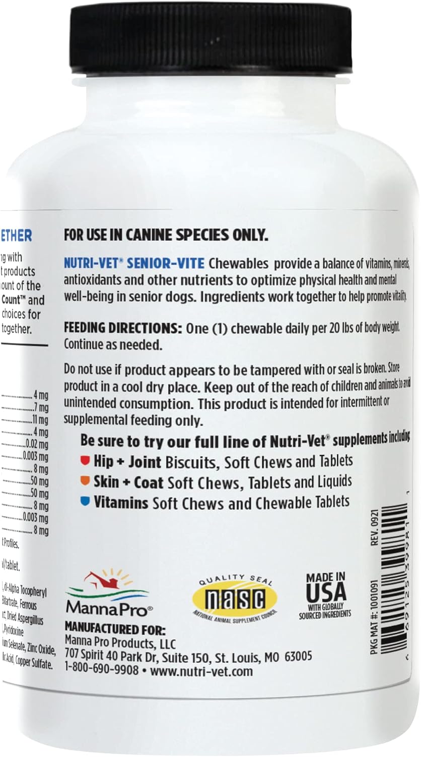 Nutri-Vet Senior Dog Vitamins - 120 Chewable Tablets for Daily Nutritional Support in Maintaining Peak Condition