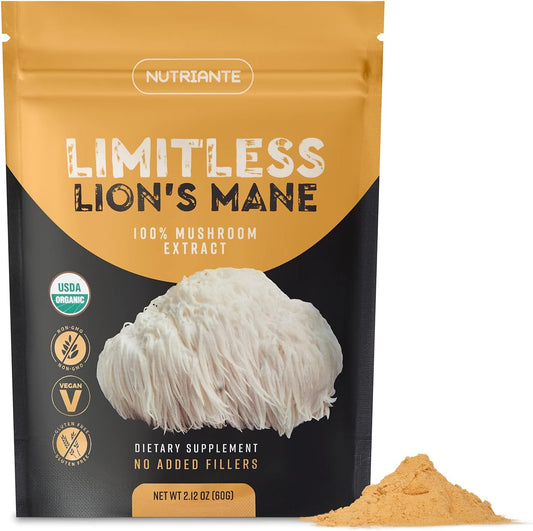 Nutriante Organic Lions Mane Extract Powder - Enhances Focus & Memory, Supports Immune & Nervous Systems - Vegan, Gluten-Free, Non-GMO Dual Extract Supplement (2.12 Oz)
