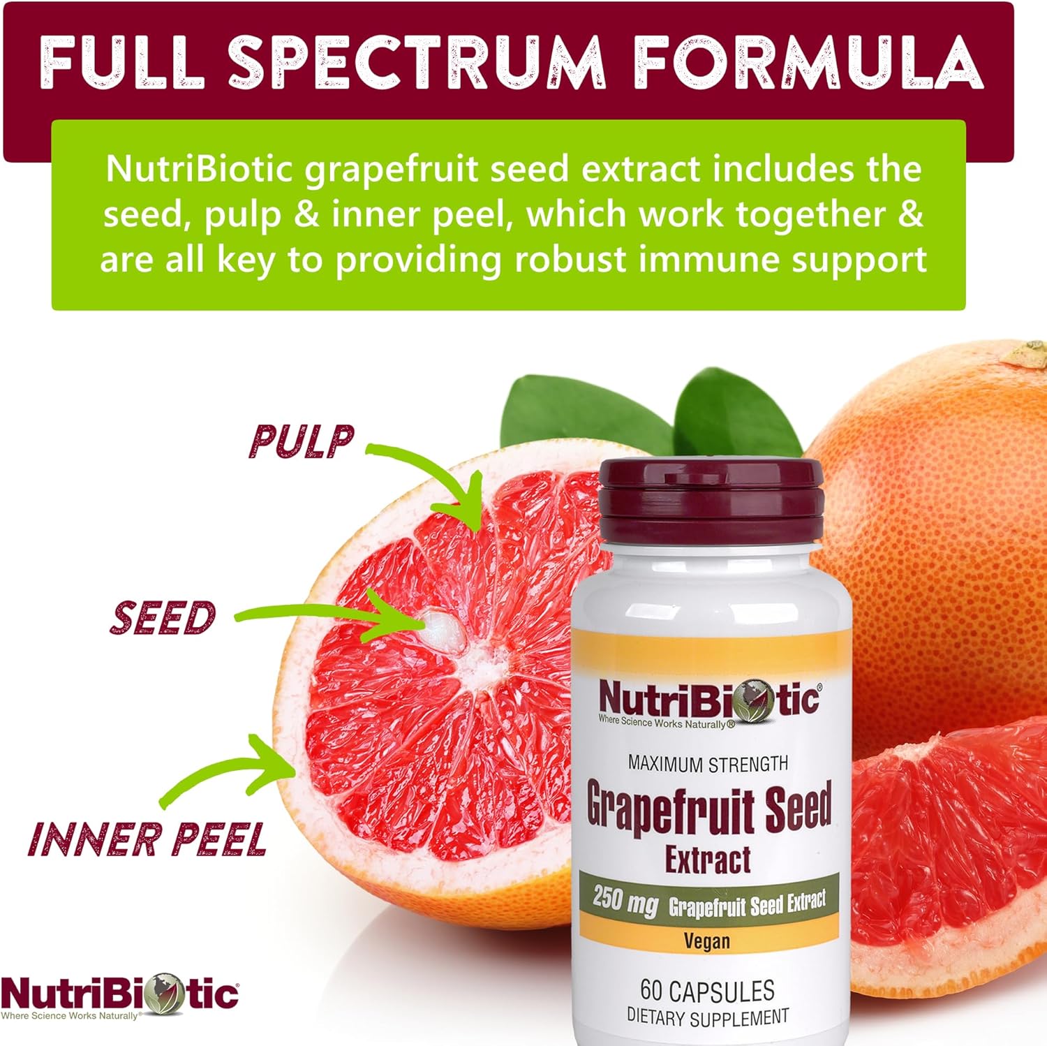 NutriBiotic Grapefruit Seed Extract Capsules 250mg - 60 Count, High Potency with Bioflavonoids