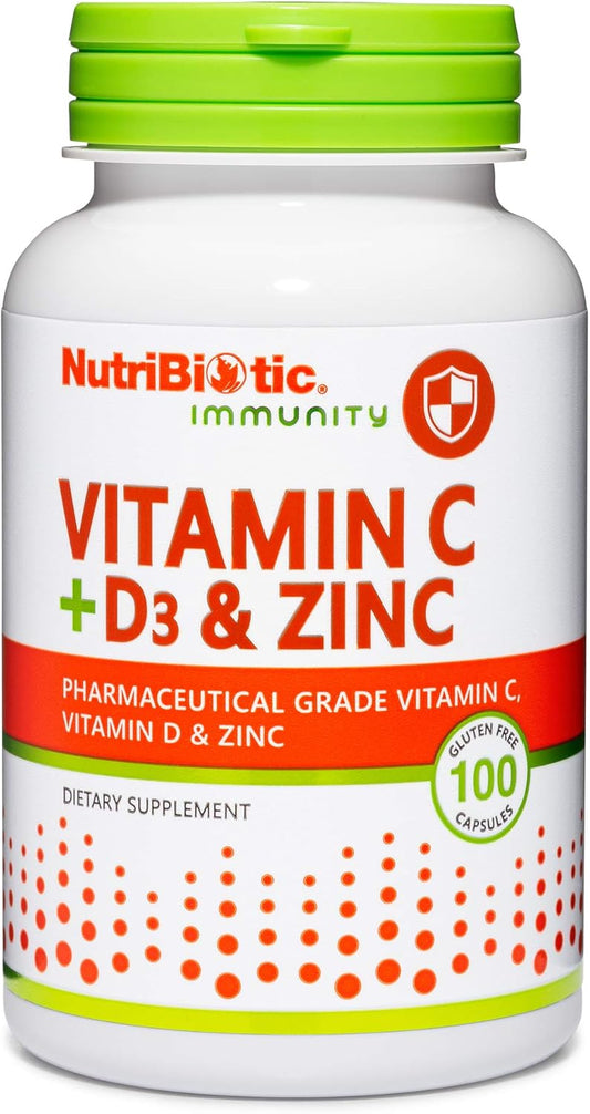 NutriBiotic Immune Support Capsules with Vitamin C, D3, and Zinc | Antioxidant Daily Supplement | Gluten & GMO Free | 100 Capsules