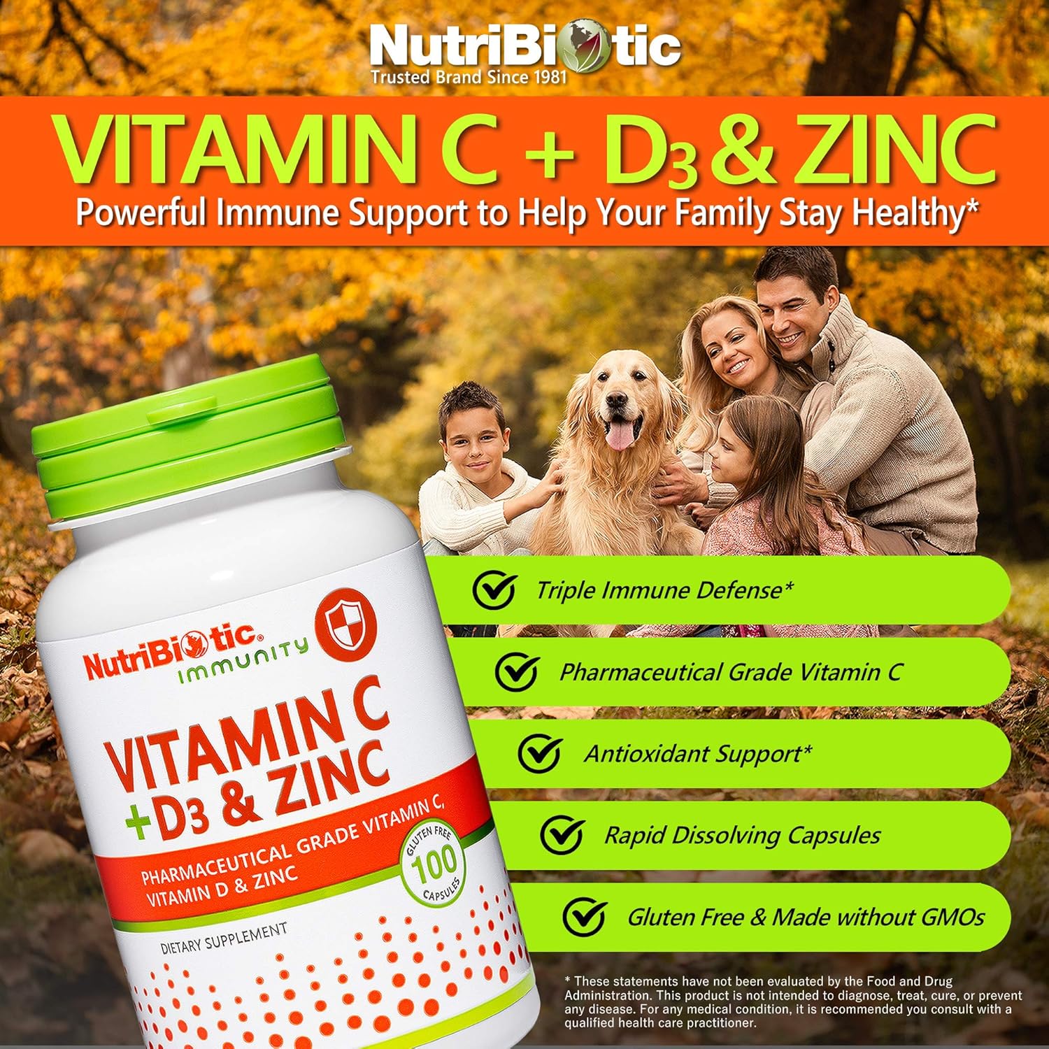 NutriBiotic Immune Support Capsules with Vitamin C, D3, and Zinc | Antioxidant Daily Supplement | Gluten & GMO Free | 100 Capsules
