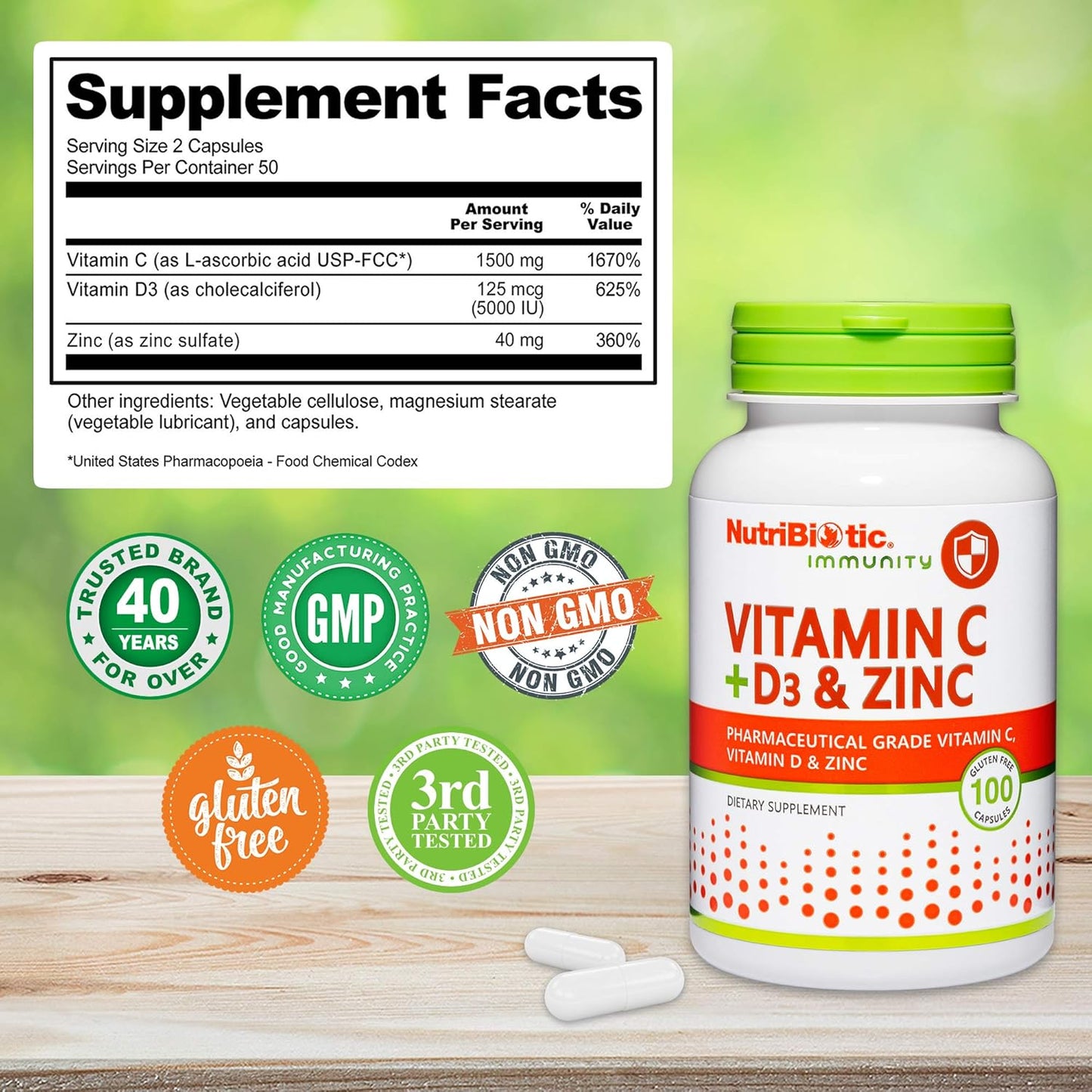 NutriBiotic Immune Support Capsules with Vitamin C, D3, and Zinc | Antioxidant Daily Supplement | Gluten & GMO Free | 100 Capsules