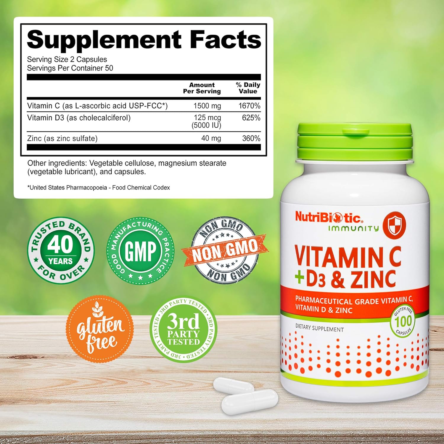 NutriBiotic Immune Support Capsules with Vitamin C, D3, and Zinc | Antioxidant Daily Supplement | Gluten & GMO Free | 100 Capsules