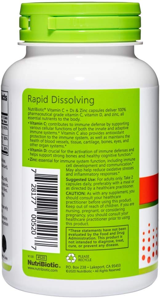 NutriBiotic Immune Support Capsules with Vitamin C, D3, and Zinc | Antioxidant Daily Supplement | Gluten & GMO Free | 100 Capsules