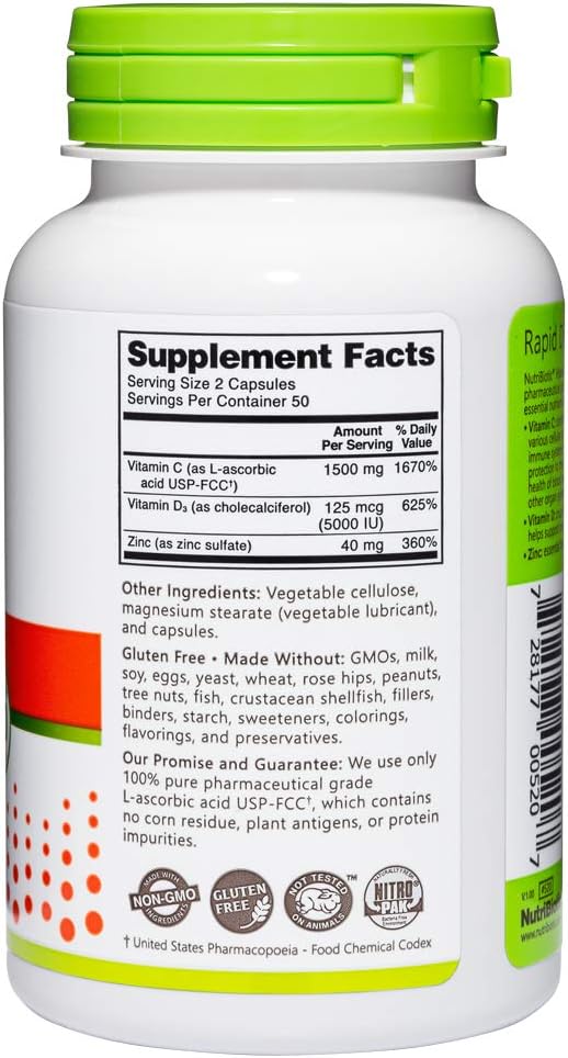 NutriBiotic Immune Support Capsules with Vitamin C, D3, and Zinc | Antioxidant Daily Supplement | Gluten & GMO Free | 100 Capsules