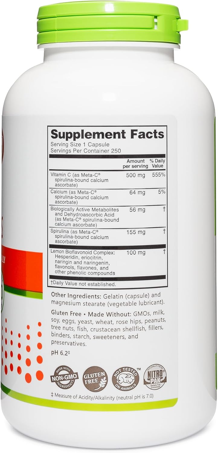 NutriBiotic Meta-C Capsules 500mg: Spirulina-Bound Vitamin C with Calcium & Lemon Bioflavonoids, 250 Count