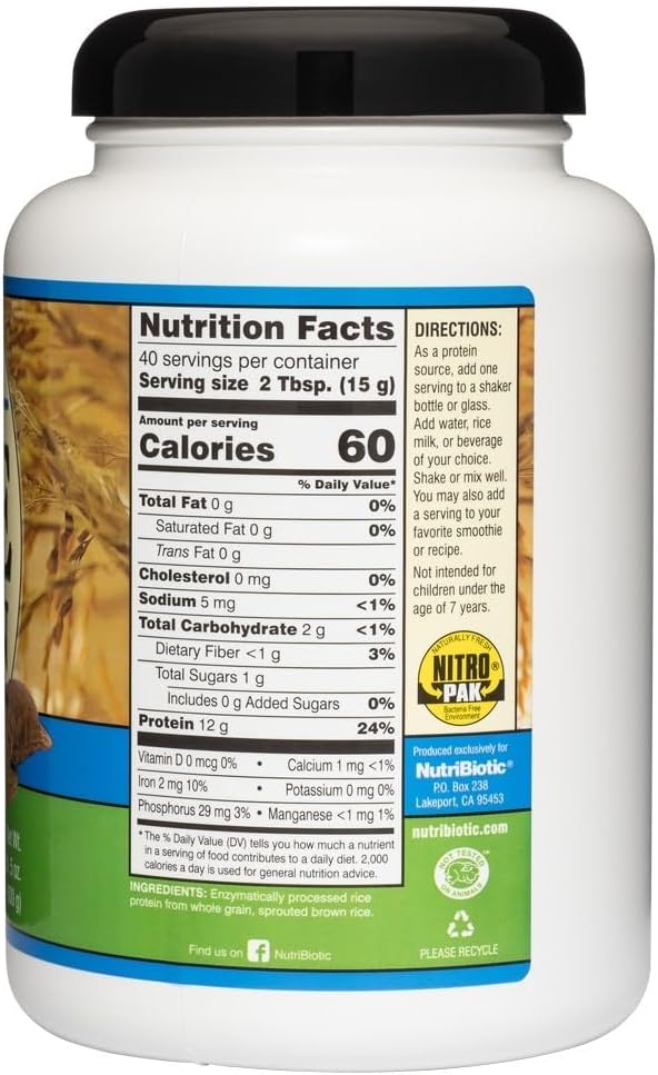 NutriBiotic Plain Rice Protein Powder - 1 lb 5 oz (600g) - Low Carb, Keto, Vegan - Non-GMO, Gluten-Free, Easy to Digest & Nutrient-Rich