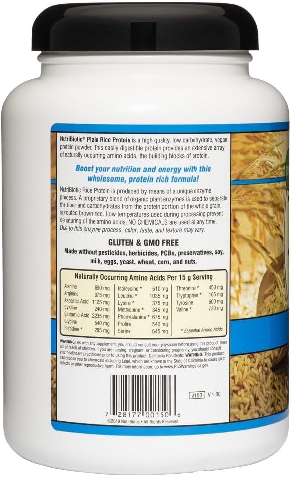 NutriBiotic Plain Rice Protein Powder - 1 lb 5 oz (600g) - Low Carb, Keto, Vegan - Non-GMO, Gluten-Free, Easy to Digest & Nutrient-Rich