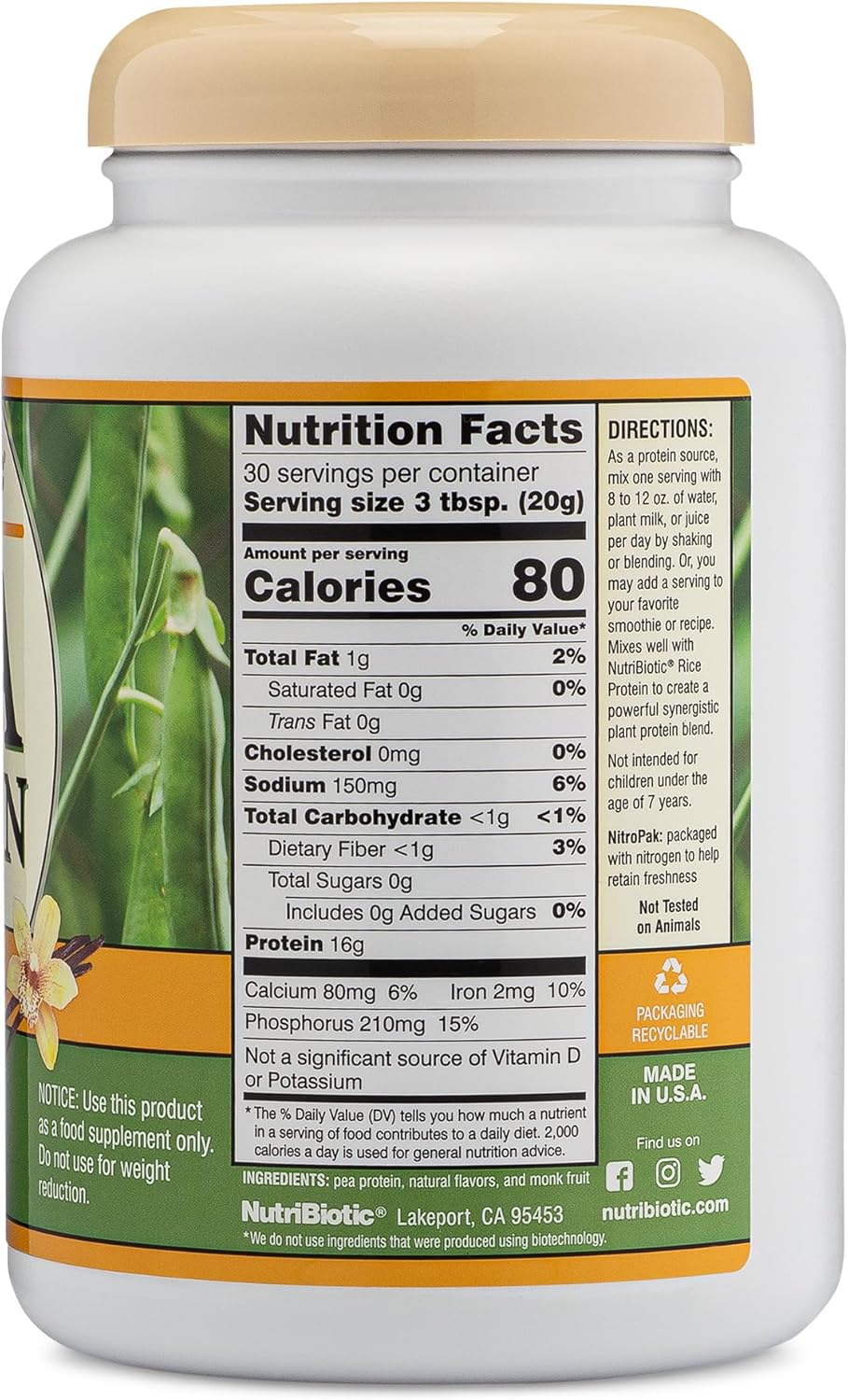 NutriBiotic Vanilla Pea Protein Powder - 21 Oz | Low Carb Vegan Plant Protein | USA Grown & Processed | Creamy & BCAA-Rich | Chemical-Free & Keto Friendly