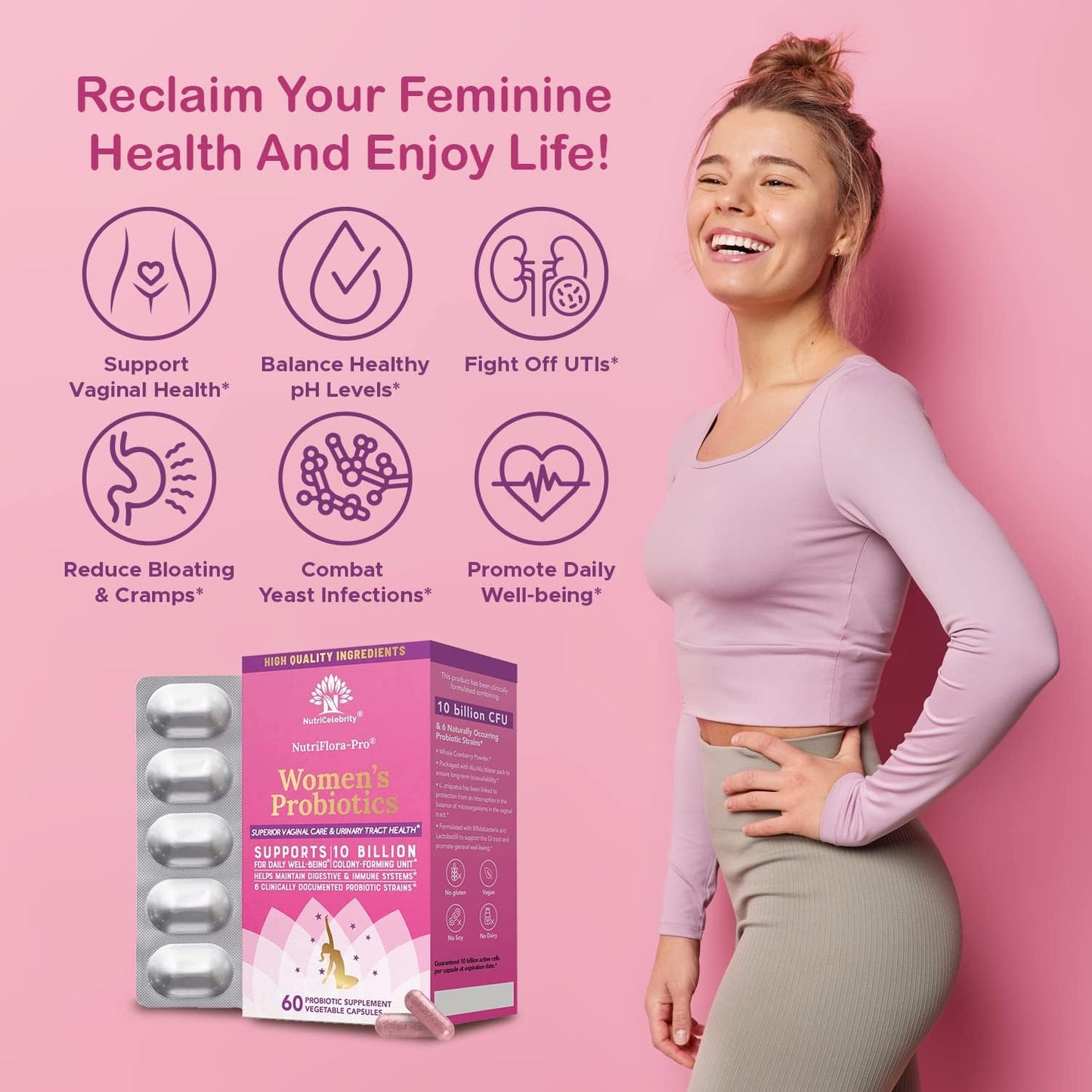 Nutricelebrity NutriFlora-Pro Probiotic Capsules for Women - Supports Vaginal, Urinary, and Digestive Health, UTI Relief, Period Pain, Cranberry Extract, 10 Billion CFU 6 Strains (60 Capsules)