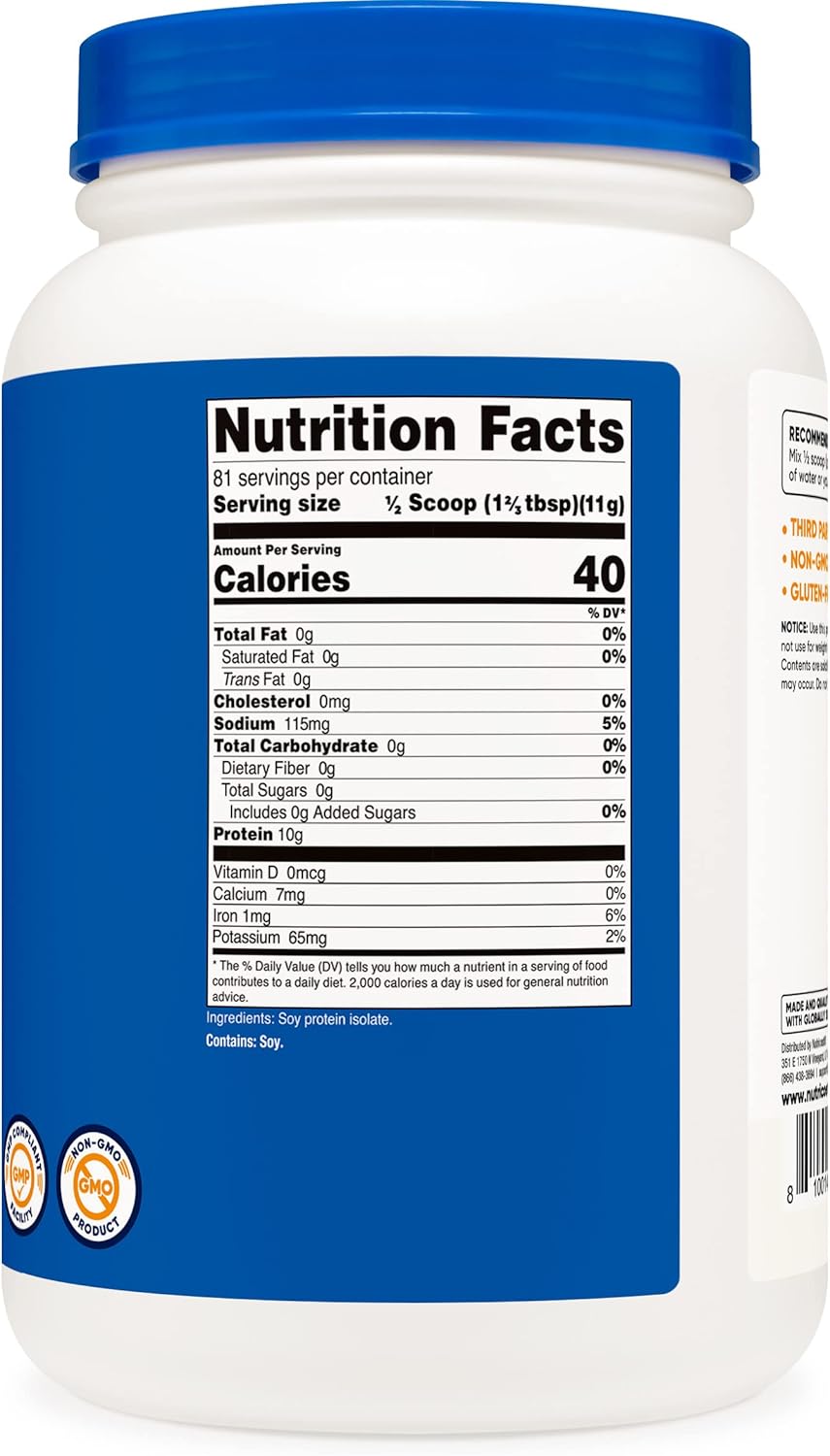 Nutricost 2 LB Unflavored Soy Protein Powder - Vegetarian, Non-GMO, Gluten Free - 10g Protein Per Serving