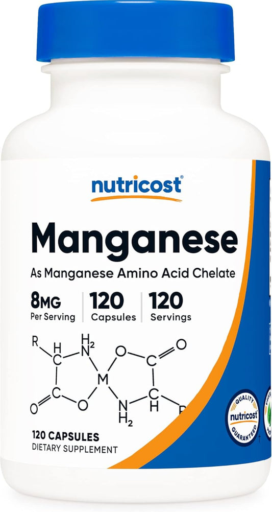 Nutricost 8mg Chelated Manganese Supplement - 120 Capsules, Amino Acid Chelate, Gluten-Free, Non-GMO, Vegetarian-Friendly