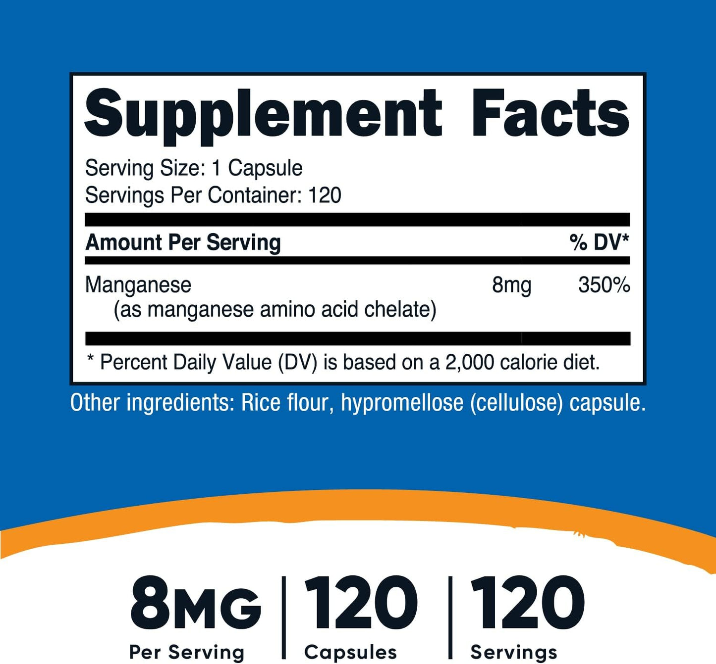 Nutricost 8mg Chelated Manganese Supplement - 120 Capsules, Amino Acid Chelate, Gluten-Free, Non-GMO, Vegetarian-Friendly