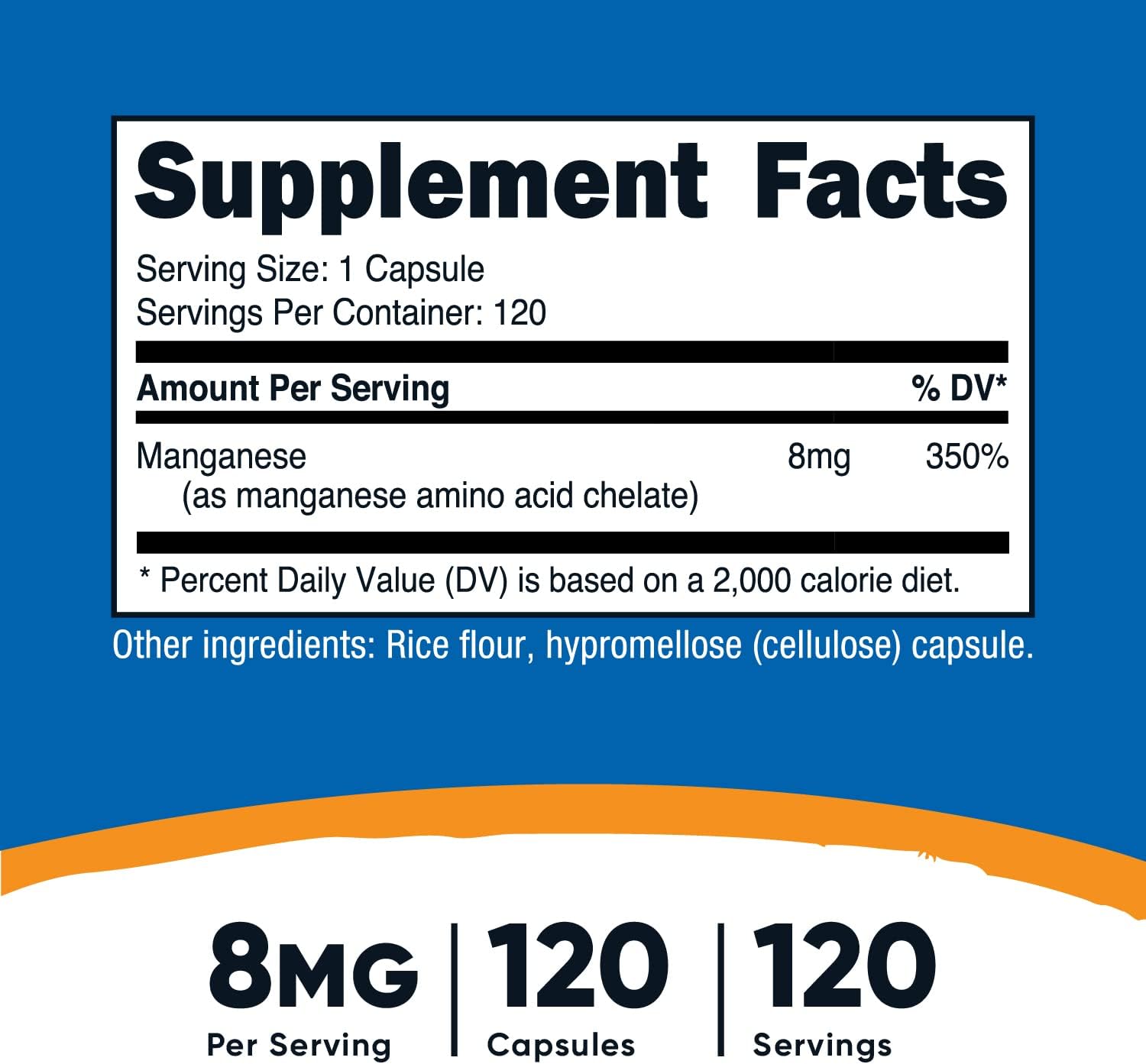 Nutricost 8mg Chelated Manganese Supplement - 120 Capsules, Amino Acid Chelate, Gluten-Free, Non-GMO, Vegetarian-Friendly