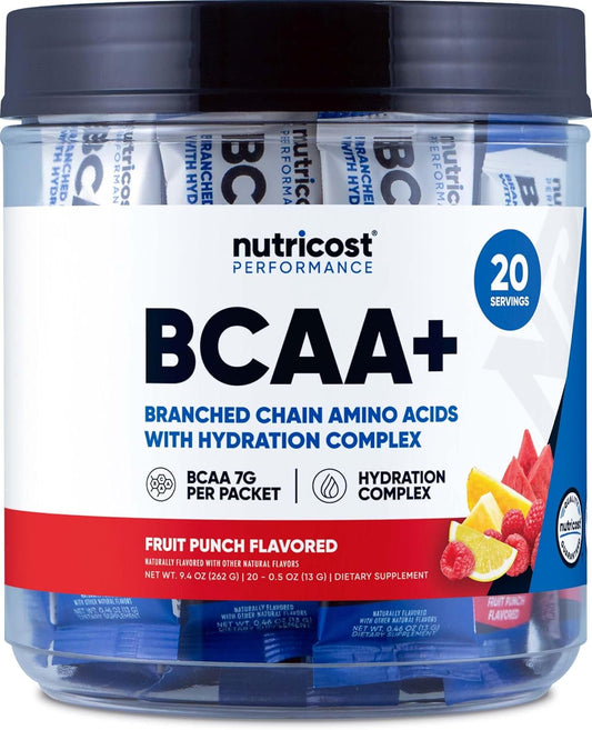 Nutricost BCAA+ Hydration Fruit Punch Flavor Stickpacks - Gluten-Free, Non-GMO Formula with Branched Chain Amino Acids and Hydration Complex