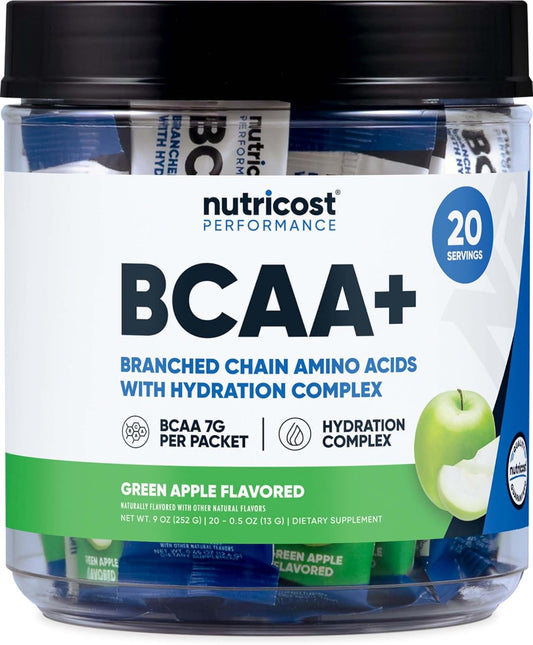Nutricost BCAA+ Hydration Green Apple Stickpacks - Gluten-Free, Non-GMO Formula with Hydration Complex