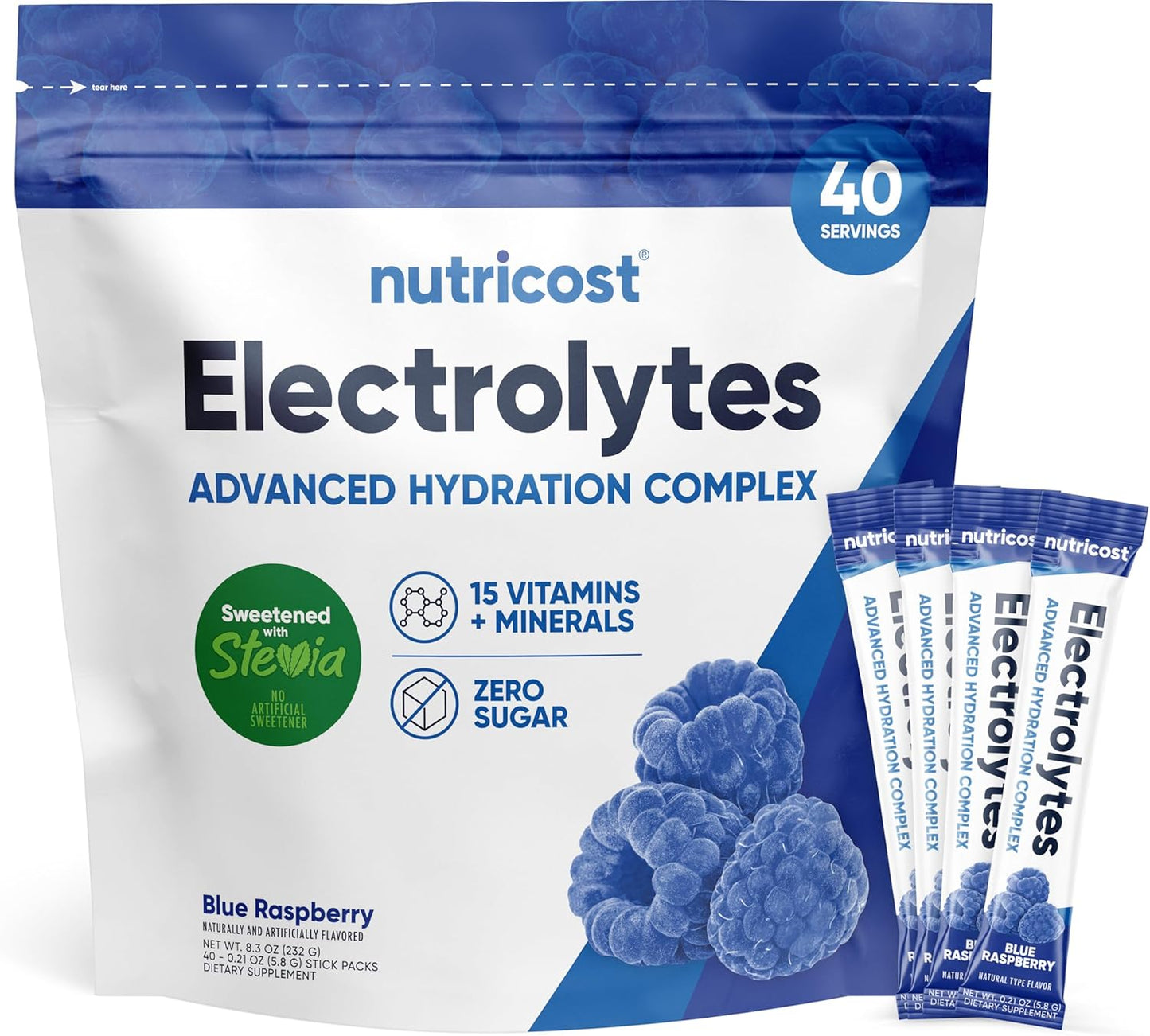 Nutricost Blue Raspberry Electrolyte Powder Packets - 40 Servings, Low Calorie Keto Hydration Mix with Stevia - Non-GMO & Gluten Free