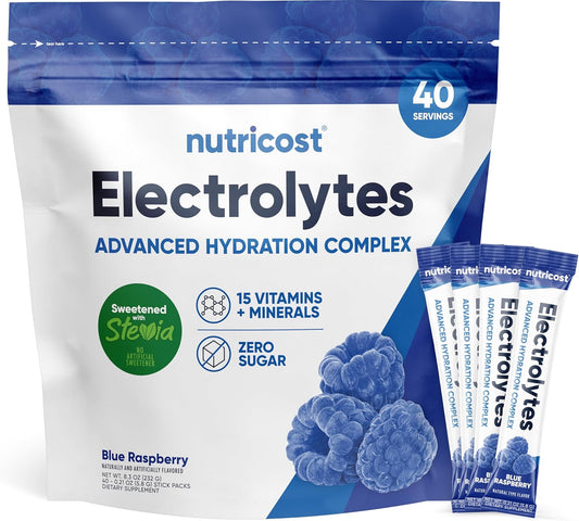 Nutricost Blue Raspberry Electrolyte Powder Packets - 40 Servings, Low Calorie Keto Hydration Mix with Stevia - Non-GMO & Gluten Free