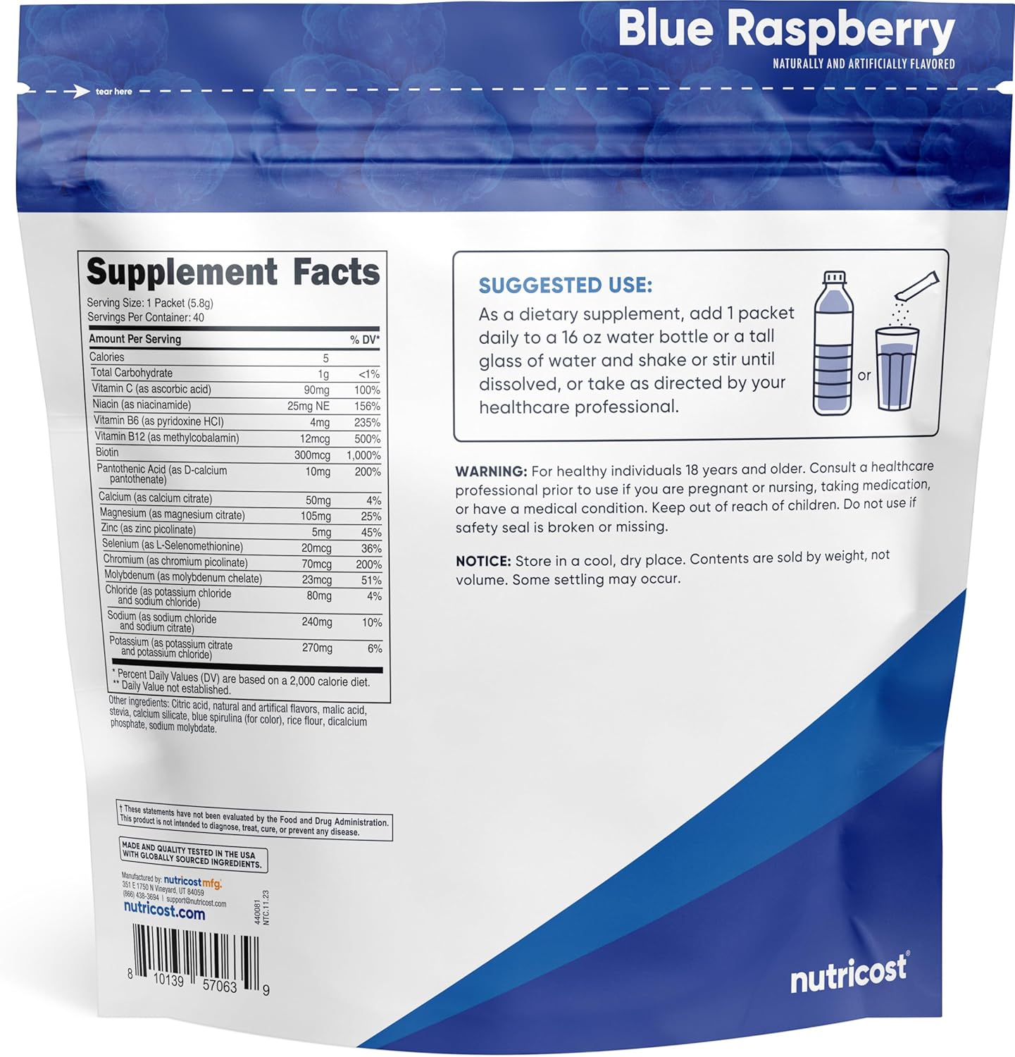 Nutricost Blue Raspberry Electrolyte Powder Packets - 40 Servings, Low Calorie Keto Hydration Mix with Stevia - Non-GMO & Gluten Free