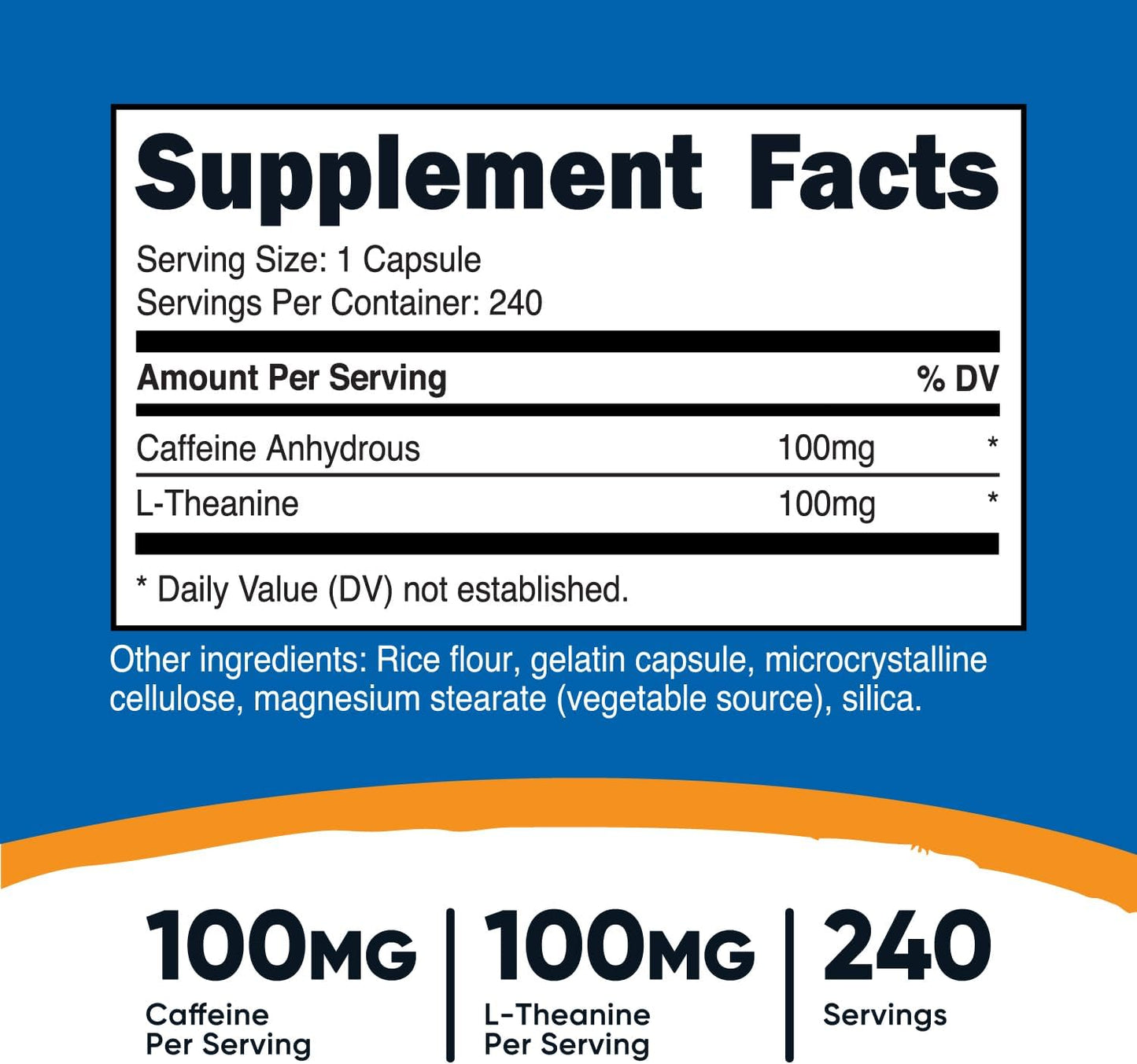 Nutricost Caffeine and L-Theanine Capsules - 100mg Each, 240 Count, Non-GMO & Gluten Free - 240 Servings
