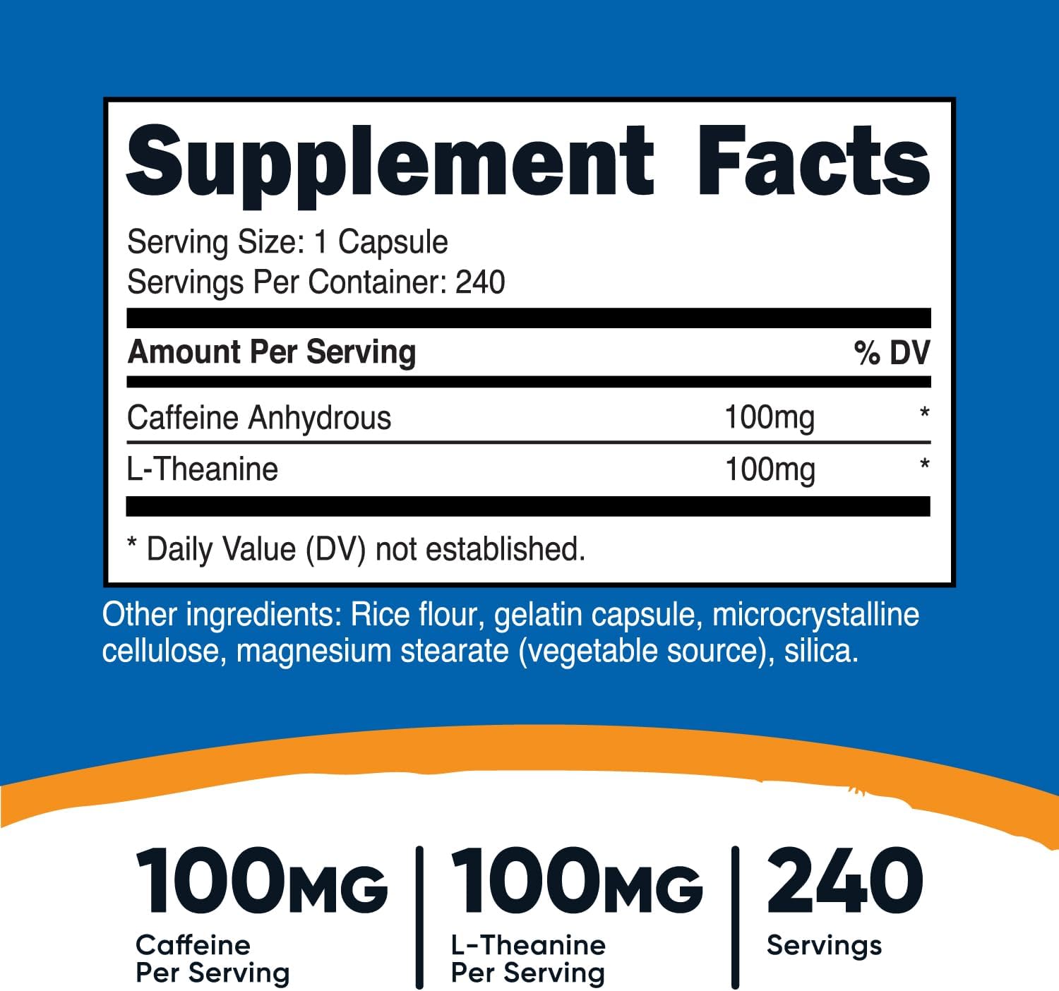 Nutricost Caffeine and L-Theanine Capsules - 100mg Each, 240 Count, Non-GMO & Gluten Free - 240 Servings