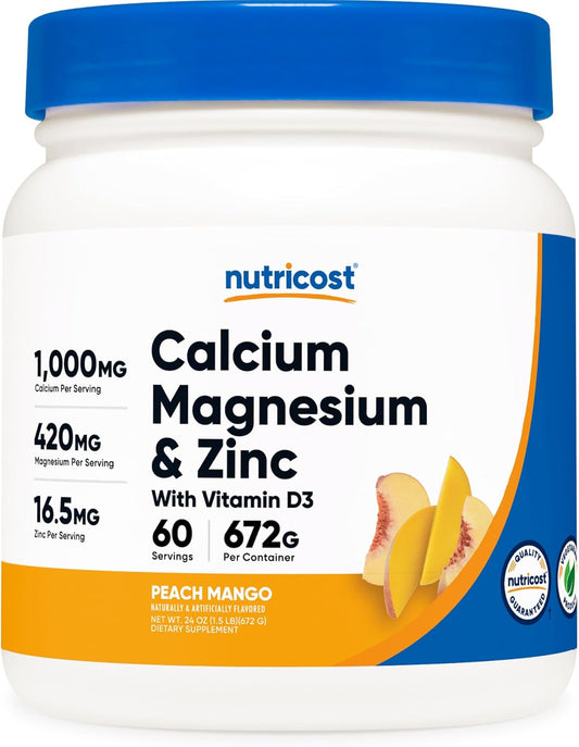 Nutricost Calcium Magnesium Zinc Powder with Vitamin D3 - 60 Servings (Peach Mango) - 1000mg Calcium, 420mg Magnesium, 16.5mg Zinc, 30mcg Vitamin D3 - Gluten Free, Non-GMO
